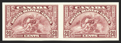 E6a, 1935 20c Dark carmine special delivery, imperforate, select quality horizontal pair, with exceedingly large margins all around, deep color on fresh paper, pristine o.g.,
n.h., extremely fine (Unitrade C$1,200.00).