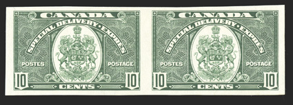 E7a, 1939 10c Dark green special delivery, imperforate, horizontal pair, large margins, marvelously fresh, o.g., l.h., very fine (Unitrade C$800.00).