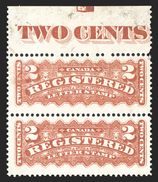 F1a, 1875 2c Vermilion registration stamp, top margin TWO CENTS imprint vertical pair, bright fresh color, o.g., never hinged (hinged in the selvage only), very fine an
especially handsome imprint pair ex-Mount Royal (Unitrade C$1,000.