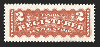 F1b, 1875 2c Rose carmine registration, excellent centering within especially large margins, strikingly vibrant color and a vivid impression, o.g., lightly hinged, extremely
fine (Unitrade C$500.00).