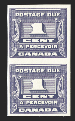 J11a, 1934 1c Dark violet, imperforate, vertical pair, full to large margins, o.g., n.h., very fine (Unitrade C$1,000.00).