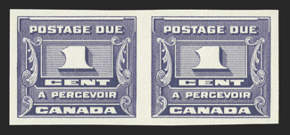 J11a, 1934 1c Dark violet postage due, imperforate, horizontal pair, large margins, vibrant color, o.g., faintly hinged, very fine (Unitrade C$500.00).