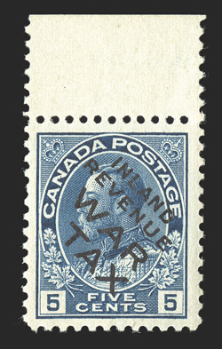 Unitrade MR2Bi, 1915 5c Blue with Inland Revenue War Tax overprint, top sheet-margin single, nicely centered within large margins, excellent rich color, o.g., n.h., very
fine.