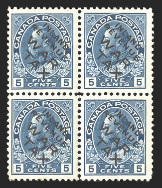 Unitrade MR2Bi, 1915 5c Blue with Inland Revenue War Tax overprint, mint block of four, deep color, nicely centered, o.g., n.h., a few trivial gum skips, minor perf.
separations at bottom, very fine.