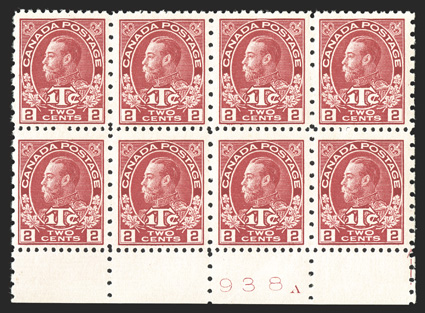 MR5, 1916 2c + 1c Carmine war tax stamp, die I, perf. 12x8, bottom margin block of eight with 938A and partial arrow in selvage, brilliantly rich color, o.g., n.h., very fine
(Unitrade C$1,920.00).