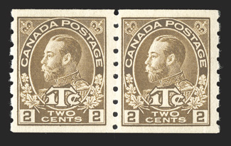MR7a, 1916 2c+1c Brown war tax coil, die I, pair, fresh color, o.g., n.h., very fine Scott mistakenly prices a pair at only $575.00, so we have cataloged it as two singles
(Unitrade C$1,500.00).