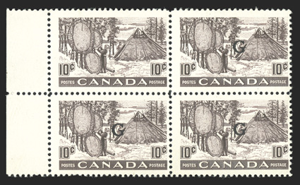 O26a, 1950 10c Black brown, overprinted G, horizontal pair, one without overprint, left sheet-margin block of four, with the top left stamp (position 31 on the sheet) missing
the overprint, o.g., n.h. (the error stamp with light fingerprint on