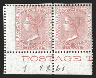 2, 1860, 2½p Rose, bottom left corner margin horizontal pair, with partial imprint in the bottom selvage, bright and fresh, full o.g., minor h.r., trivial gum crease, fine
(Unitrade C$1,750.00+).