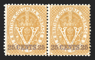 11, 1867 25.Cents.25 surcharge on 3p Orange, mint horizontal pair, deep color, o.g., fine 2008 Brandon certificate (Unitrade C$1,000.00).