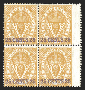 11, 1867 25.Cents.25 surcharge on 3p Orange, mint block of four with wing margin at right, exceedingly vibrant color, o.g., a few h.r.s, fine blocks of this stamp are quite
scarce (Unitrade C$1,200.00+).