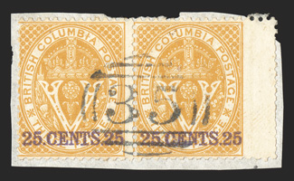 11, 1867 25.Cents.25 surcharge on 3p Orange, horizontal pair on piece, cancelled by complete blue 35 in oval, bright color, fine (Unitrade C$300.00+).