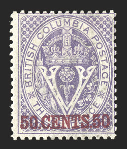12, 1867 50.CENTS.50 on 3p Violet, bright and fresh, large part original gum, fine 1963 PF certificate (Unitrade C$1,800.00).
