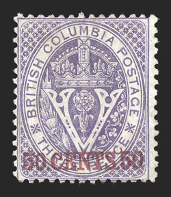 Unitrade 12i, 1867 50.CENTS.50 on 3p Violet, inverted watermark, strong color, fairly well centered, o.g., some h.r.s, fine a scarce variety, being the only value of the
1867-71 Surcharges that comes with an inverted watermark (S.G. 32w £1
