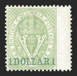 13, 1867 1 Dollar 1 Surcharge on 3p Green, perf. 14, right wing margin single, especially bright color, full original gum, fine 2008 Brandon certificate (Unitrade
C$3,000.00).