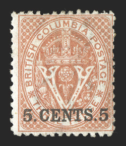 14, 5.Cents.5 Surcharge on 3p Bright red, strong vibrant color, large part o.g., a fine example of this scarce stamp 2008 Brandon certificate (Unitrade
C$4,000.00).