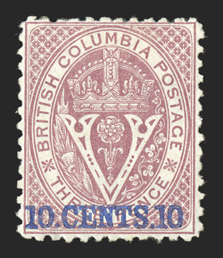 15, 1869 10.Cents.10 surcharge on 3p Lilac rose, nicely centered for this, wonderfully bright and fresh, full original gum, a very fine example of this scarce stamp 2007
Brandon certificate (Unitrade C$2,400.00).