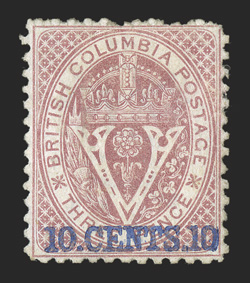 15, 1869 10.Cents.10 surcharge on 3p Lilac rose, exceptionally well centered, attractive color, o.g., h.r., tiny repair at top right, very fine appearance clear 2008 Brandon
certificate (Unitrade C$2,400.00).