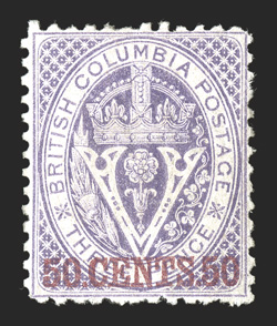 17, 1869 50.Cents.50 surcharge on 3p Violet, uncommonly well centered for this, nearly full original gum, a fresh and very fine example of this scarce stamp 2008 Brandon
certificate (Unitrade C$2,400.00).
