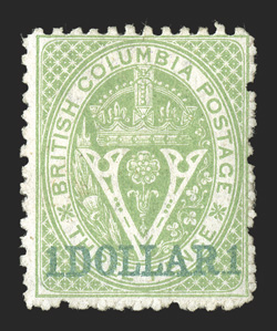 18, 1869 1.Dollar.1 surcharge on 3p Green, lovely bright color, full original gum, fine a highly collectable example of the scarcest of the 1867-69 surcharges 2008 Brandon
certificate (Unitrade C$3,600.00).