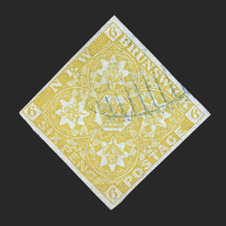 2, 1851 6p Olive yellow, mostly large margins all around, bright color, light blue grid postmark, very fine 1977 Brandon certificate as S.G. 3 (Unitrade
C$1,500.00).