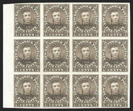 Unitrade 5P, 1860 5c Brown Connell, plate proof on India, left sheet-margin block of twelve comprising positions 61-6481-84, deeply rich color, position 10 with trivial India
paper flaw, very fine a scarce proof multiple accompanied by the ca