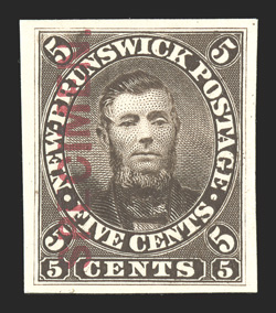 Unitrade 5Piii, 1860 5c Dark red brown Connell, plate proof with red Specimen, incredibly deep color and impression on pristine paper, four large margins, very
fine.
