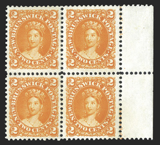7b, 1860 2c Deep orange, right margin block of four with partial imprint at top, exceptionally well centered, gorgeous intense color on bright paper, pristine o.g., never
hinged, very fine-extremely fine (Unitrade C$500.00+).