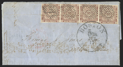 1, 1857 1p Brown violet, horizontal strip of four, mostly large margins around except a little closer at top, tied by grid cancels on 1857 folded letter to Boston, Mass., light
red St. Johns c.d.s., large Boston July 17 c.d.s. also tied two sta