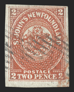 2, 1857 2p Scarlet vermilion, an exceptional used example of this very rare stamp, featuring four ample (at top) to mostly huge margins elsewhere, eye-arresting intensely rich
color and a deeply etched impression on bright paper, light black gri