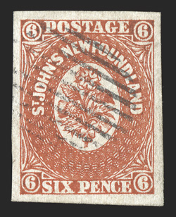 6, 1857 6p Scarlet vermilion, four large margins, brilliant color and a well incised impression, light grid cancel, trivial corner crease, otherwise an extremely fine example
with great eye appeal (Unitrade C$6,000.00).