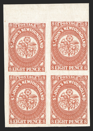 8, 1857 8p Scarlet vermilion, top left corner margin block of four, other two margins also large, brilliantly fresh color and a strong impression, o.g., never hinged, extremely
fine an extraordinarily handsome and choice block (Unitrade C$6,000