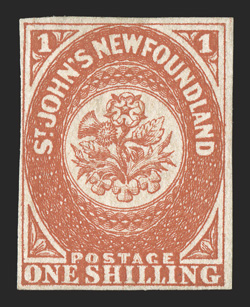 9, 1857 1- Scarlet vermilion, a most desirable example of this very rare mint stamp, featuring a marvelously overall brilliance, with radiant color and a vivid impression on
fresh paper, four margins ranging from close at left to large at right