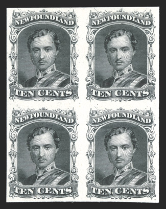 Unitrade 25Piii-31Pi, 1865 5c-24c plate proofs on card, complete set of the five values that come on card in blocks of four, bright colors, 12c with tiny margin flaw at top,
very fine.