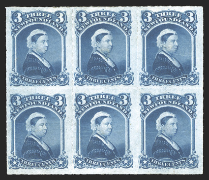 39, 1876 3c Blue, rouletted, mint block of six, remarkably fresh, with sumptuously rich color on bright white paper, attractively centered, o.g., some small h.r.s, a few perf.
separations at top, very fine a scarce block in unusually select qu