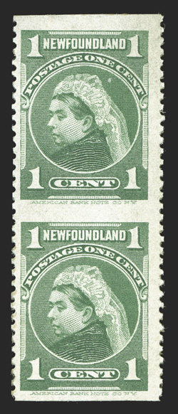 80b, 1898 1c Yellow green, imperforate horizontally, vertical pair, rich color, o.g., n.h., fine and scarce (Unitrade C$450.00).