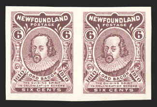 92Ab, 1910 6c Claret Type II, imperforate, horizontal pair with large margins all around, o.g., n.h., extremely fine only 50 such pairs can exist (Unitrade
C$900.00).