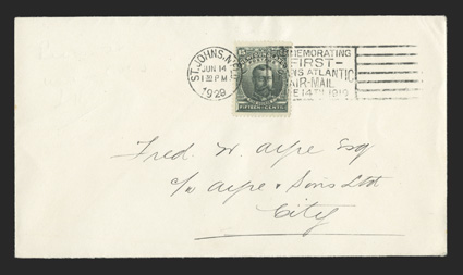 98-103, 1911 Guy Issue, engraved, each tied to a separate cover by June 14, 1929 St. Johns duplex commemorating the first Trans-Atlantic air mail, all to the same local
address, 6c cover with crease, otherwise very fine.