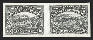 101a, 1911 10c Violet black, imperforate, horizontal pair with large and well balanced margins all around, strong color, o.g., n.h., extremely fine and choice (Unitrade
C$600.00).