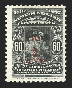 127 var., 1920 TWO 2 CENTS trial surcharge 60c Black, surcharge double, three-line surcharge in red similar to the trial surcharge found on the 30c value (127), o.g., fine the
first such example we have ever encountered 1973 RPS certifi