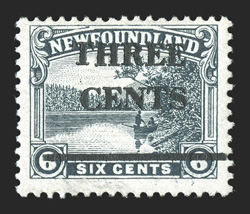 Unitrade 160i, 1929 THREE CENTS black trial surcharge on 6c Gray black, Type I, quite fresh, o.g., lightly hinged, fine only 50 were prepared but never issued 2009 Sismondo
certificate footnoted in Scott (Unitrade C$1,000.00).