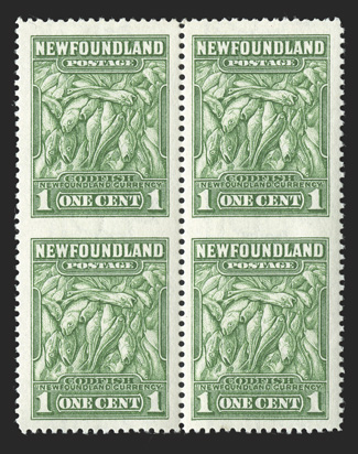 183c, 1932 1c Green, vertical pair, imperforate between, two such pairs contained in a block of four, well centered, strong rich color on fresh paper, o.g., top stamps lightly
hinged, bottom stamps never hinged, very fine (Unitrade C$625.00).