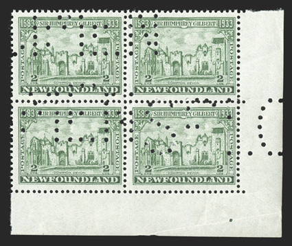 212ii, 213iv, 1933 1c Gray black, 2c Green, with perforated Specimen, the only two values of the series that come with a Specimen, 1c is a left margin block, 2c is a bottom
right corner margin block, o.g., n.h. except one 1c stamp with small adh