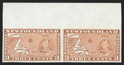 234f, 1937 3c Orange brown, die II, imperforate, top sheet-margin horizontal pair, quite fresh, o.g., n.h., very fine (Unitrade C$600.00).