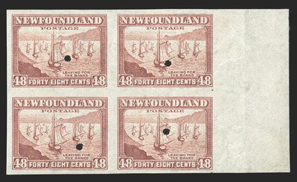 Unitrade 253i-266ii, 1941-44 1c-48c Waterlow regular issue, imperforate with security punch, complete set in right margin blocks of four, large margins, fresh colors, o.g.,
n.h., a couple values with minor paper adherence (mostly in margin), eac