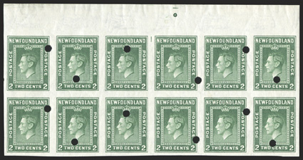 Unitrade 254iv, 1941 2c Deep green, imperforate with security punch, top sheet-margin block of twelve, large margins, bright color, o.g., n.h., very fine.