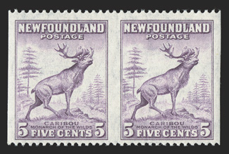 257b, 1941 5c Violet, imperforate vertically, horizontal pair, bright and fresh, o.g., n.h., fine (Unitrade C$500.00).