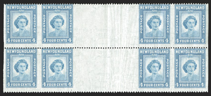 Unitrade 269iii. 4c Light blue, imperforate vertically, gutter strip of four, two such strips in a block of eight, centered to the top as are all known examples, o.g., n.h.,
fine a rare variety.
