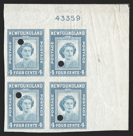 Unitrade 269v, 1947 4c Princess Elizabeth, imperforate with security punch, top right corner margin plate no. 43359 block of four, fresh color, o.g., n.h., light pencil
notation on one stamp, very fine.