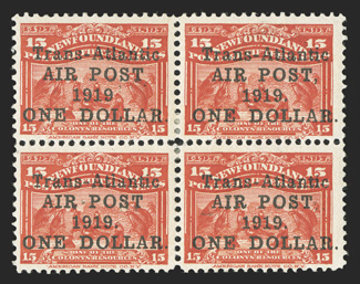 C2, a , b, 1919 10c Scarlet with Trans-AtlanticAir Post,1919.One Dollar. overprint, block of four, the top left stamp with no period after 1919, the bottom left stamp with no
comma after Post, strong color, o.g., mild h.r., very fine (Unitr