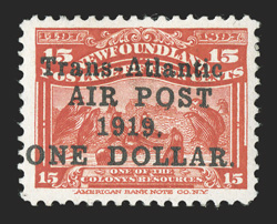 C2c, 1919 $1.00 Air post surcharge on 15c Scarlet, A of Air over a of Trans, position 22 on the setting, well centered, bright color, o.g., l.h., very fine (Unitrade
C$550.00).